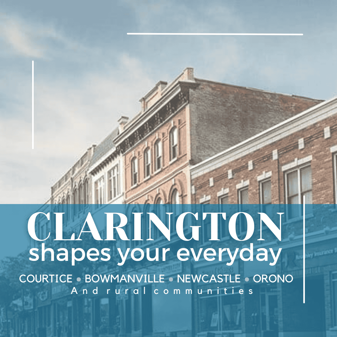 Historic downtown buildings in Clarington, Ontario, representing local business and community events.