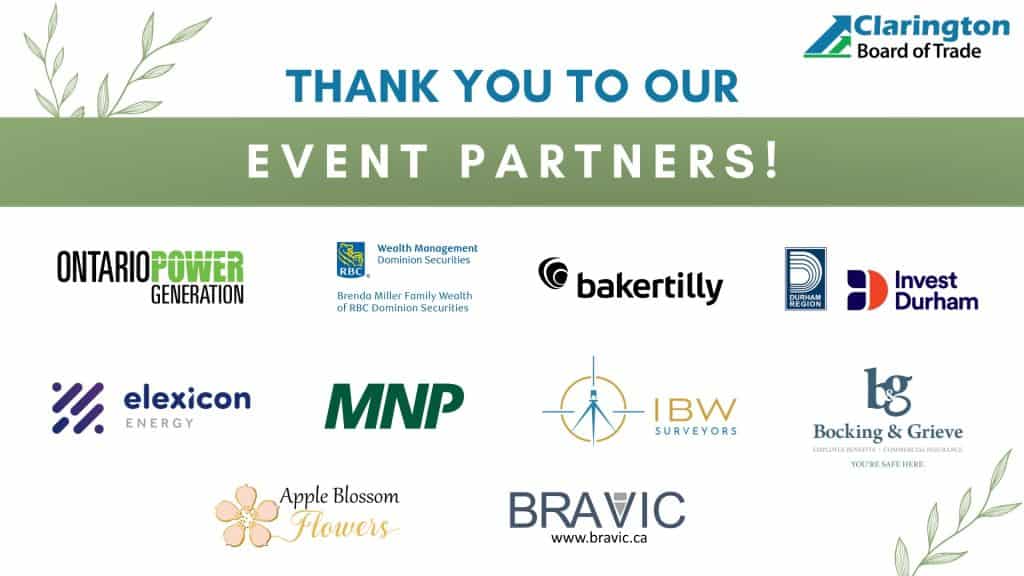 Alt text: Group photo of Clarington Board of Trade event sponsors and partners with logo and message.