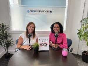 Friendly women hosting a business podcast at Clarington Board of Trade studio.