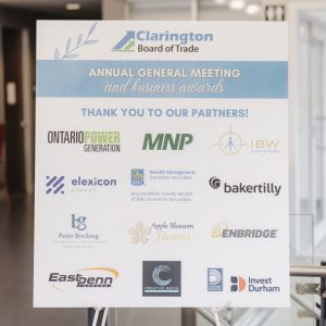 Clarington Board of Trade annual meeting sign with sponsors and awards.