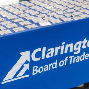 Clarington Board of Trade logo on event table with name tags.