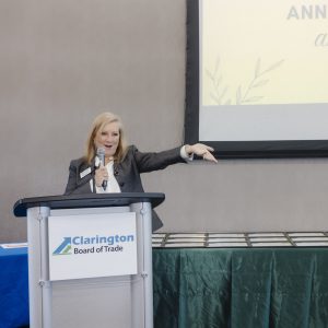 Woman speaking at Clarington Board of Trade event, business networking.