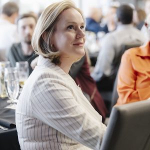 Businesswoman attending Clarington Board of Trade meeting.