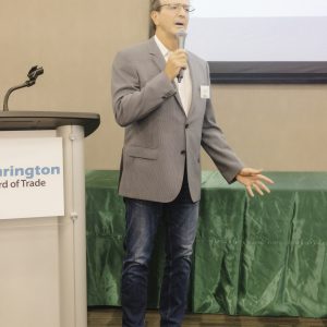 Speaker at Clarington Board of Trade event delivering a presentation.